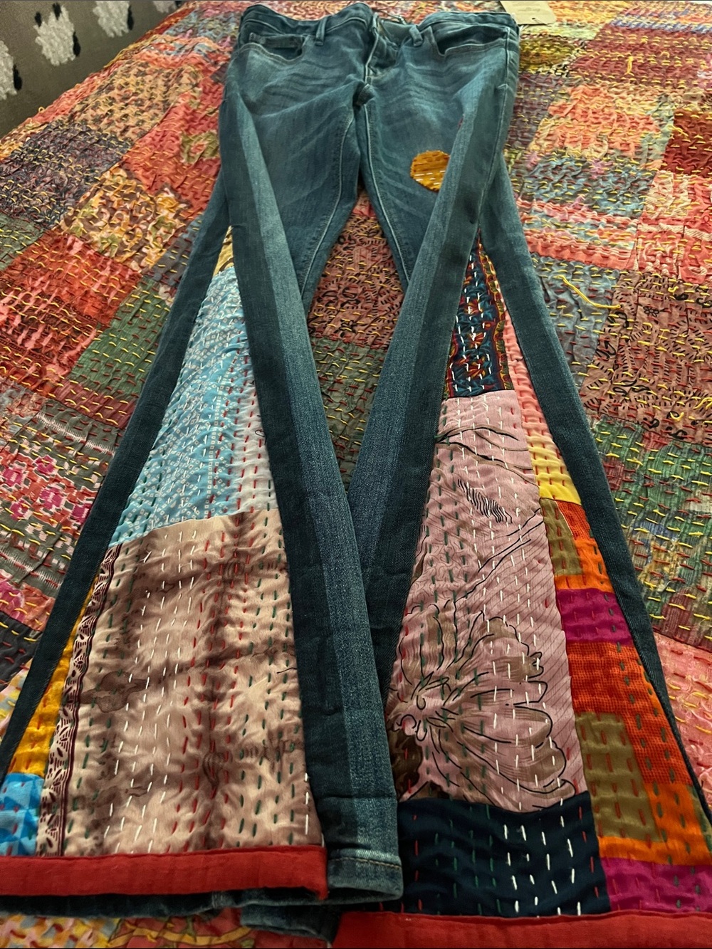 Upcycled Women’s Dark Wash Jeans with patchwork flare and embellishments